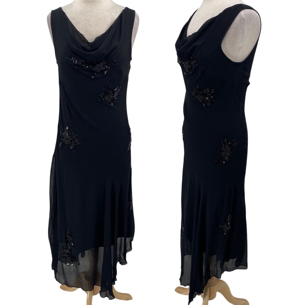 Vintage 90s Beaded Asymmetrical Bias Cut Maxi Dress Cowl Neck Slinky Black M